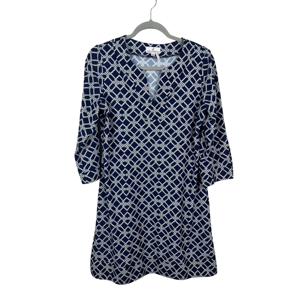 Jude Connally Shift Dress Womens M Navy White Excellent Rope Lattice 3/4 Sleeve